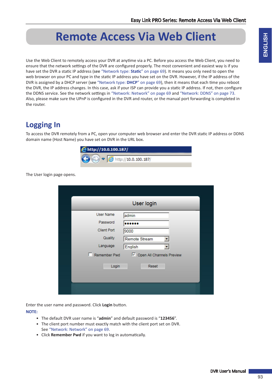 Remote access via web client, Logging in, T, please see | Remote access, Vr via pc (see, As a solution, y | KGUARD Security EL1622 User Manual | Page 93 / 105