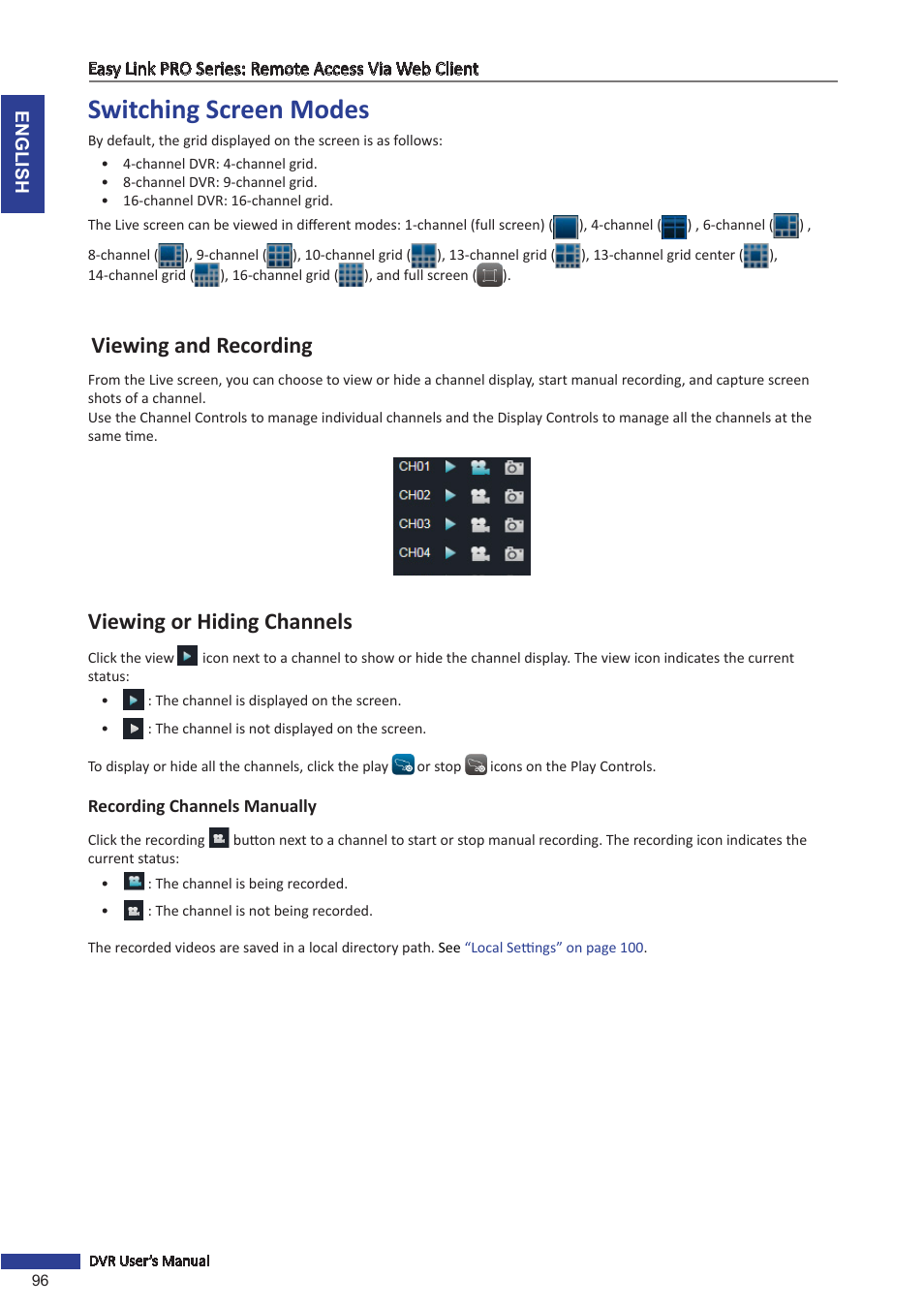 Switching screen modes, Viewing or hiding channels, Recording channels manually | Viewing and recording | KGUARD Security EL1622 User Manual | Page 96 / 105