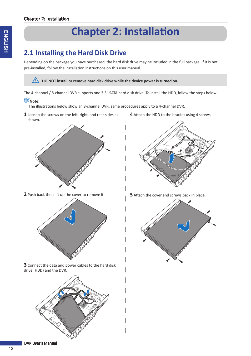 Chapter 2: installation, 1 installing the hard disk drive | KGUARD Security OT801 User Manual | Page 12 / 86