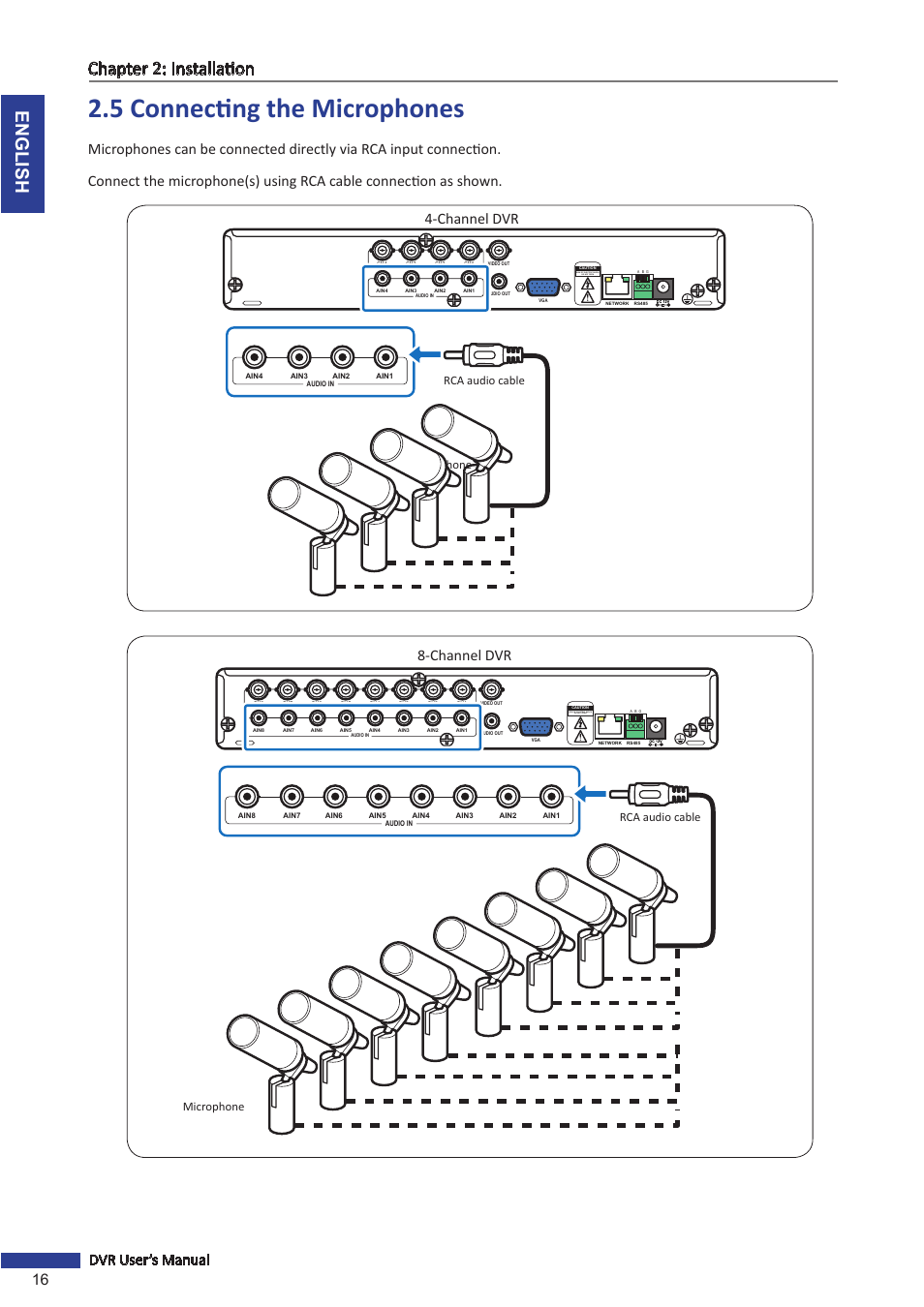 5 connecting the microphones, English chapter 2: installation, 16 dvr user’s manual | Channel dvr, Risk of electric shock do not open, Microphone, Rca audio cable | KGUARD Security OT801 User Manual | Page 16 / 86