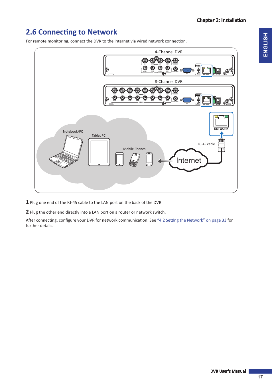 6 connecting to network, Internet, English chapter 2: installation | Dvr user’s manual 17, Channel dvr 4-channel dvr, Risk of electric shock do not open | KGUARD Security OT801 User Manual | Page 17 / 86