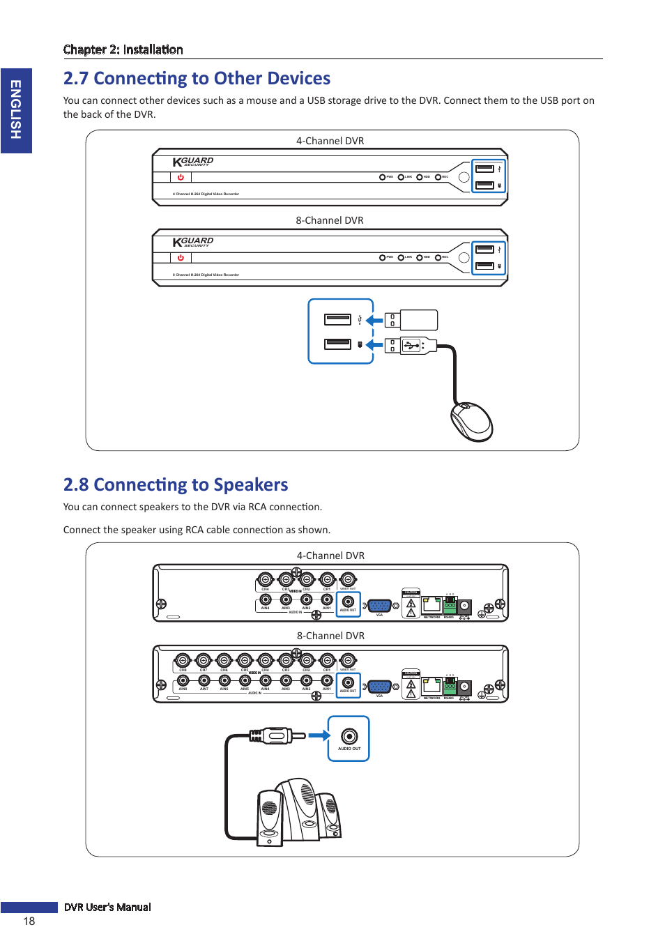 7 connecting to other devices, 8 connecting to speakers, English chapter 2: installation | 18 dvr user’s manual, Channel dvr 8-channel dvr, Risk of electric shock do not open | KGUARD Security OT801 User Manual | Page 18 / 86