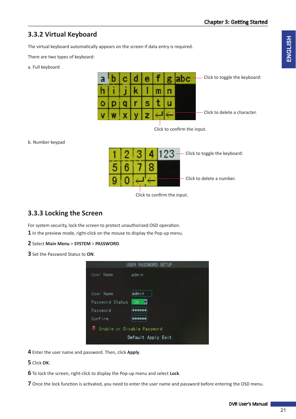 2 virtual keyboard, 3 locking the screen, 2 virtual keyboard 3.3.3 locking the screen | KGUARD Security OT801 User Manual | Page 21 / 86