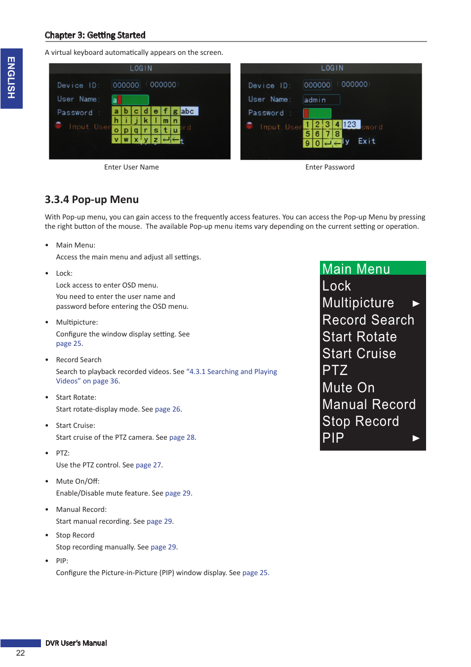 4 pop-up menu | KGUARD Security OT801 User Manual | Page 22 / 86