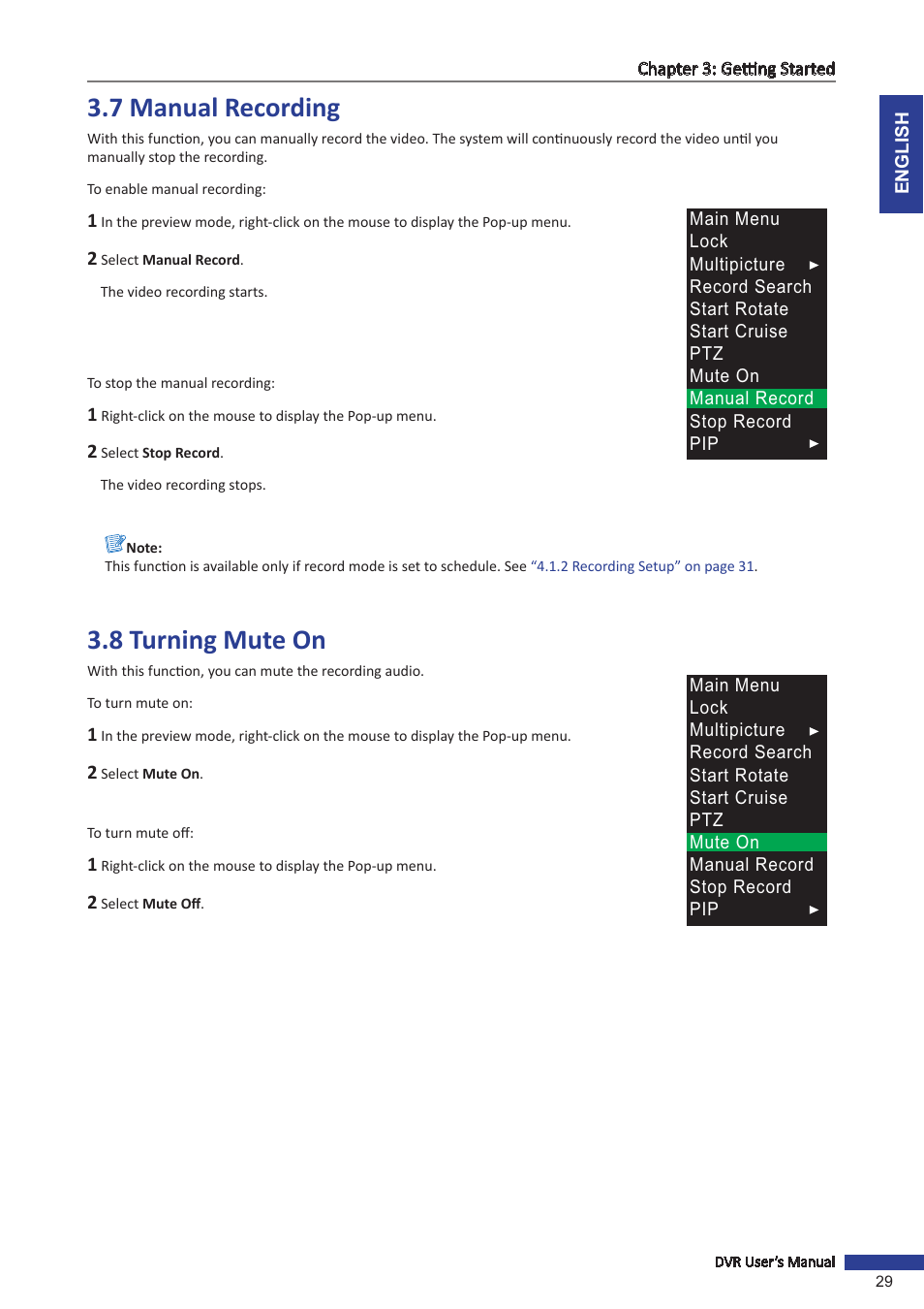 7 manual recording, 8 turning mute on, 7 manual recording 3.8 turning mute on | Ding. see | KGUARD Security OT801 User Manual | Page 29 / 86