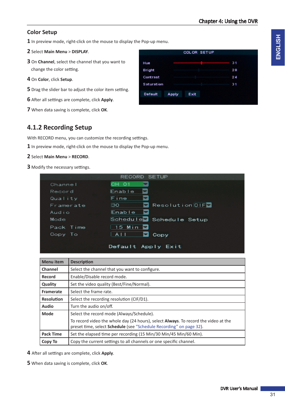 Color setup, 2 recording setup | KGUARD Security OT801 User Manual | Page 31 / 86