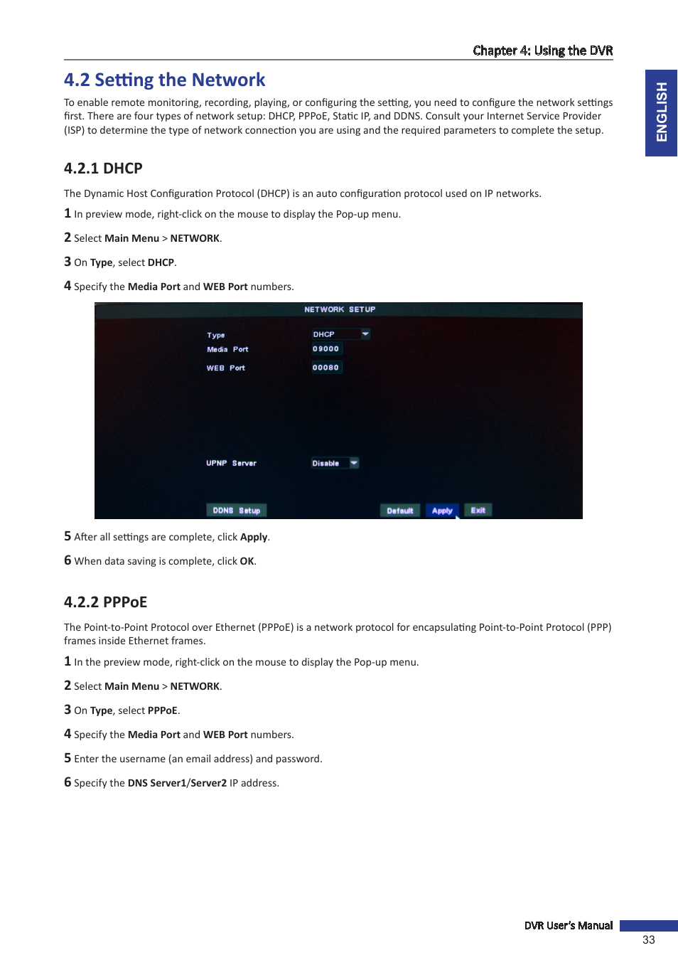 2 setting the network, 1 dhcp, 2 pppoe | 1 dhcp 4.2.2 pppoe | KGUARD Security OT801 User Manual | Page 33 / 86
