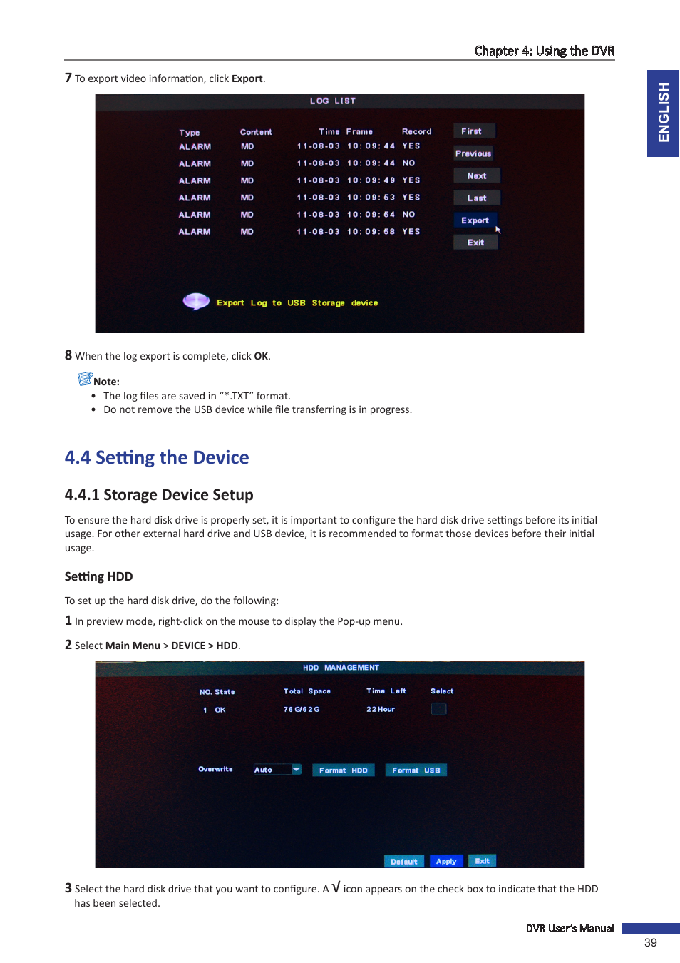 4 setting the device, 1 storage device setup, Setting hdd | KGUARD Security OT801 User Manual | Page 39 / 86
