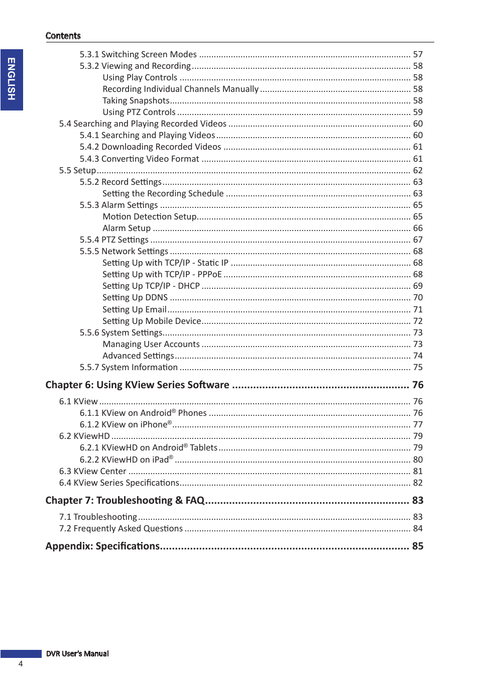 Chapter 6: using kview series software, Chapter 7: troubleshooting & faq, Appendix: specifications | KGUARD Security OT801 User Manual | Page 4 / 86