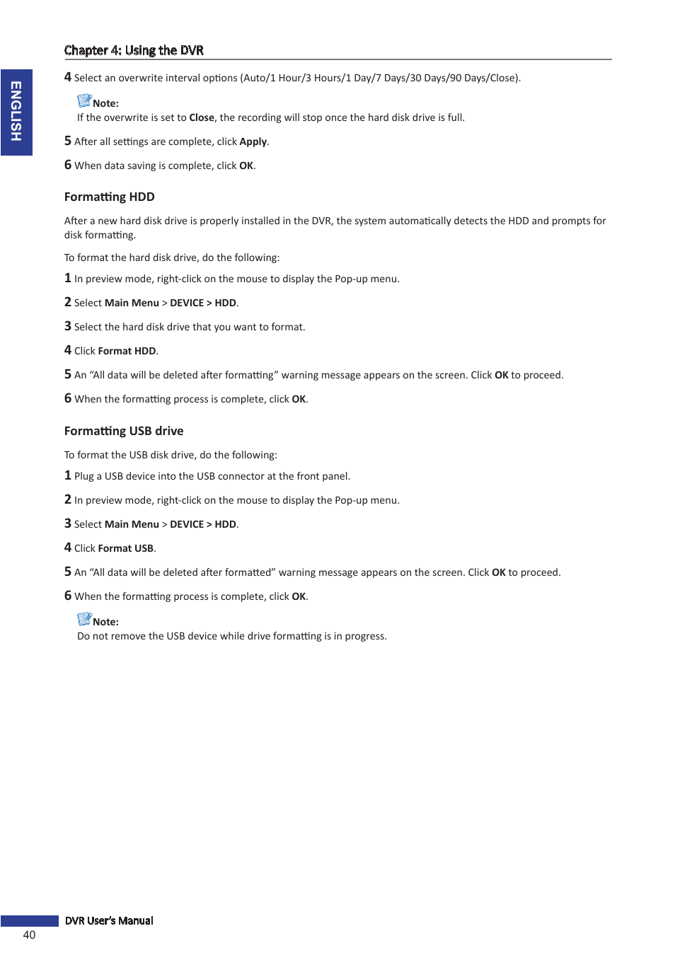 Formatting hdd, Formatting usb drive, Formatting hdd formatting usb drive | KGUARD Security OT801 User Manual | Page 40 / 86