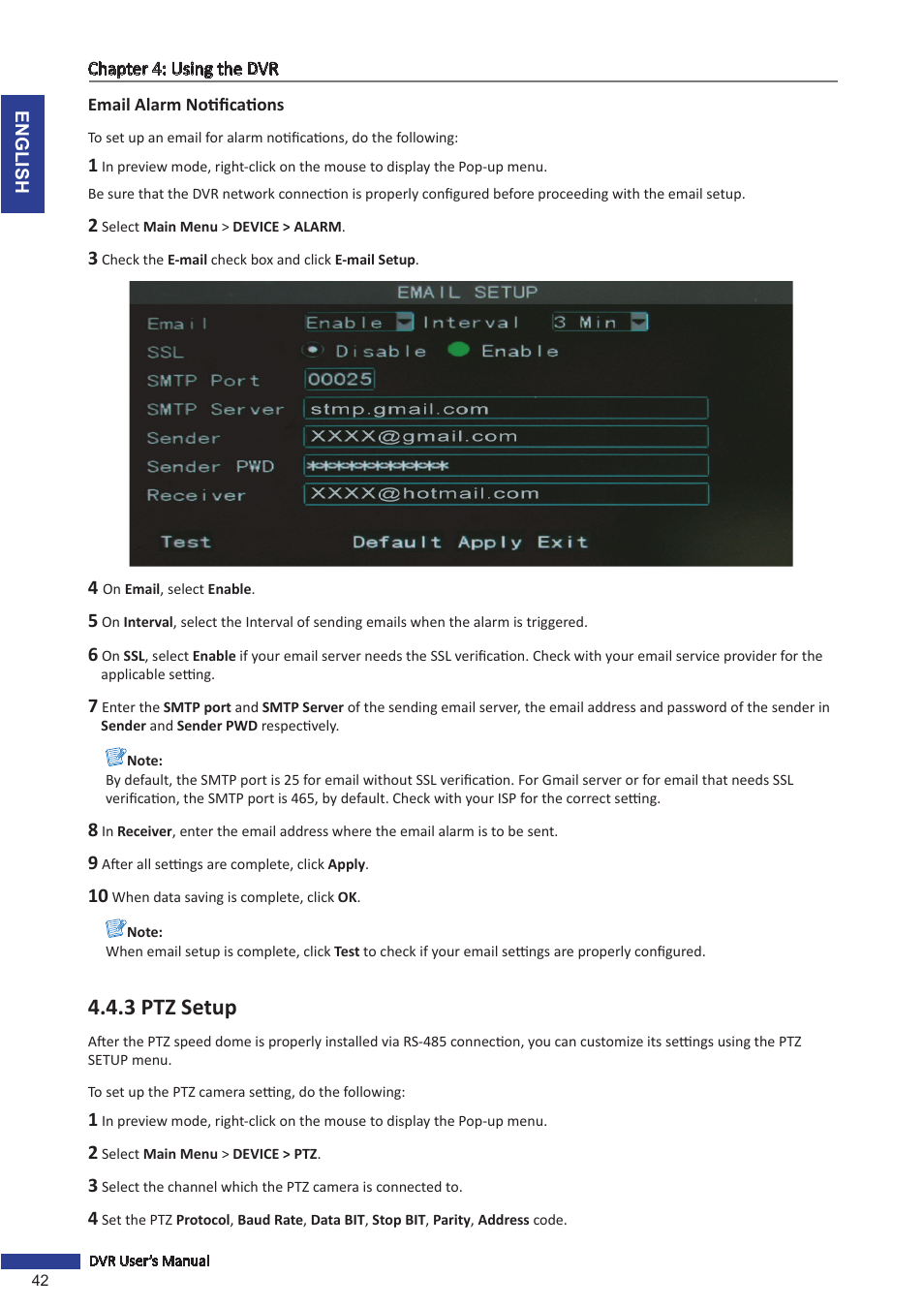 Email alarm notifications, 3 ptz setup, Ttings, see | KGUARD Security OT801 User Manual | Page 42 / 86