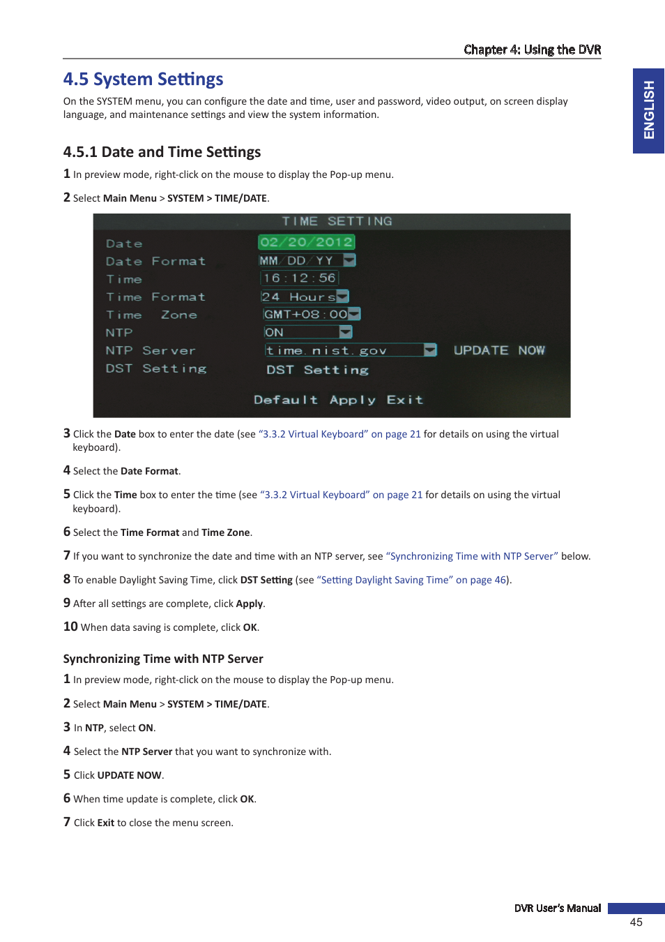 5 system settings, 1 date and time settings, Synchronizing time with ntp server | KGUARD Security OT801 User Manual | Page 45 / 86