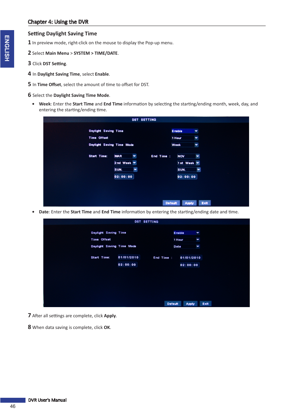 Setting daylight saving time | KGUARD Security OT801 User Manual | Page 46 / 86