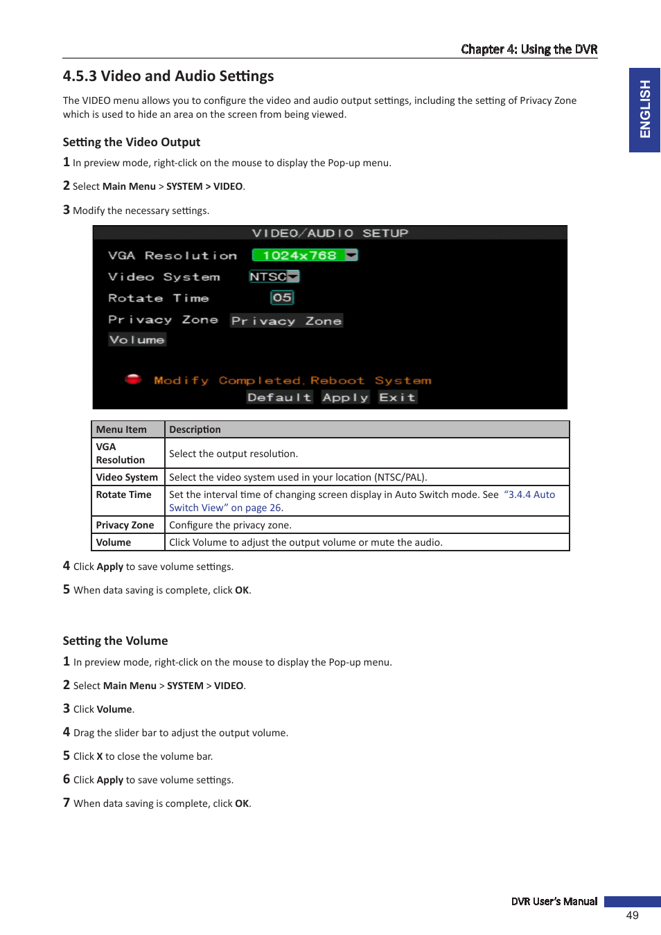 3 video and audio settings, Setting the video output, Setting the volume | Setting the video output setting the volume | KGUARD Security OT801 User Manual | Page 49 / 86