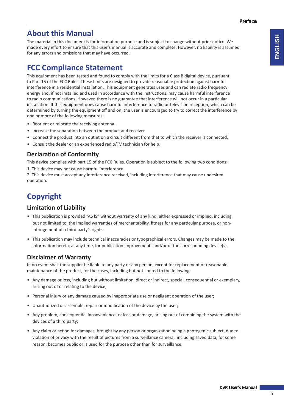 About this manual, Fcc compliance statement, Copyright | Declaration of conformity, Limitation of liability, Disclaimer of warranty | KGUARD Security OT801 User Manual | Page 5 / 86