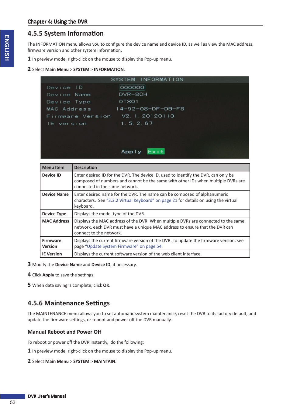5 system information, 6 maintenance settings, Manual reboot and power off | 5 system information 4.5.6 maintenance settings | KGUARD Security OT801 User Manual | Page 52 / 86