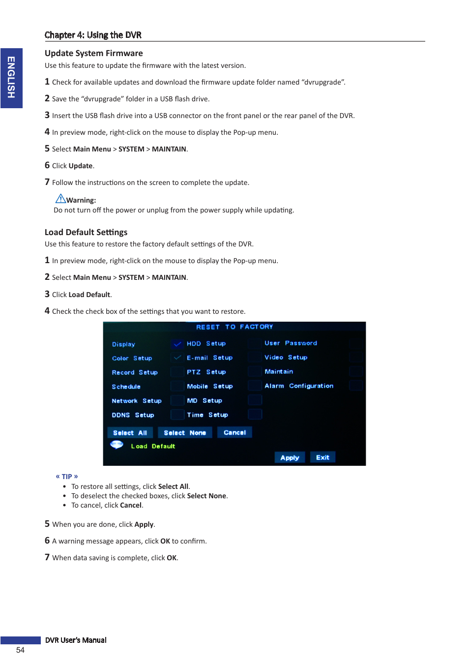 Update system firmware, Load default settings, Update system firmware load default settings | KGUARD Security OT801 User Manual | Page 54 / 86