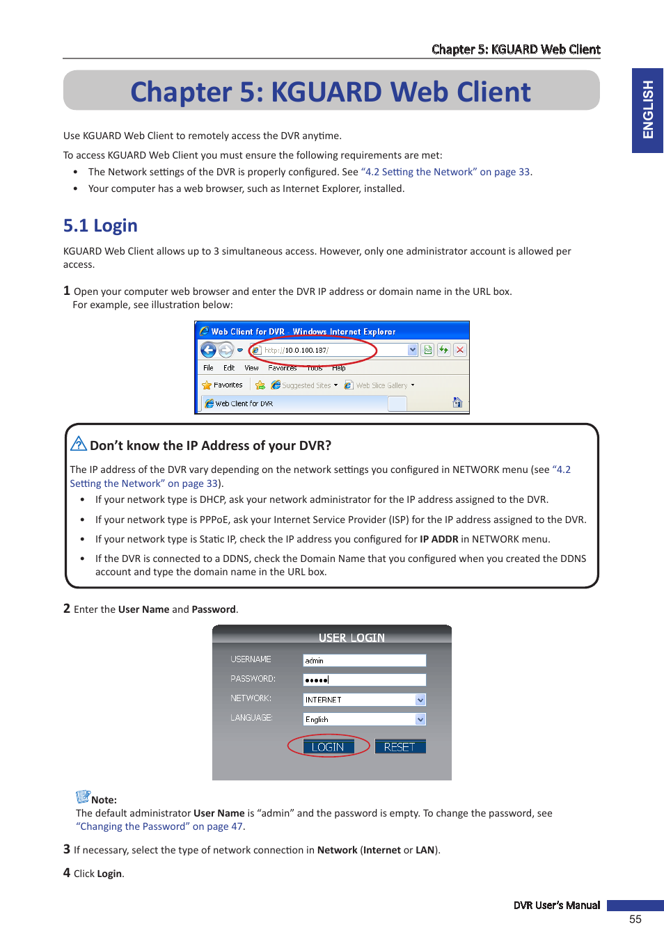 Chapter 5: kguard web client, 1 login | KGUARD Security OT801 User Manual | Page 55 / 86