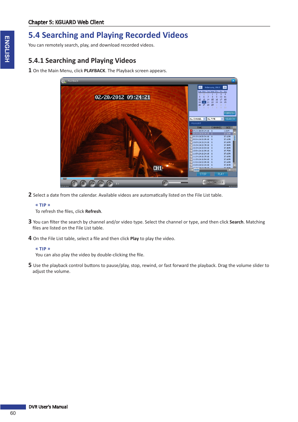 4 searching and playing recorded videos, 1 searching and playing videos | KGUARD Security OT801 User Manual | Page 60 / 86