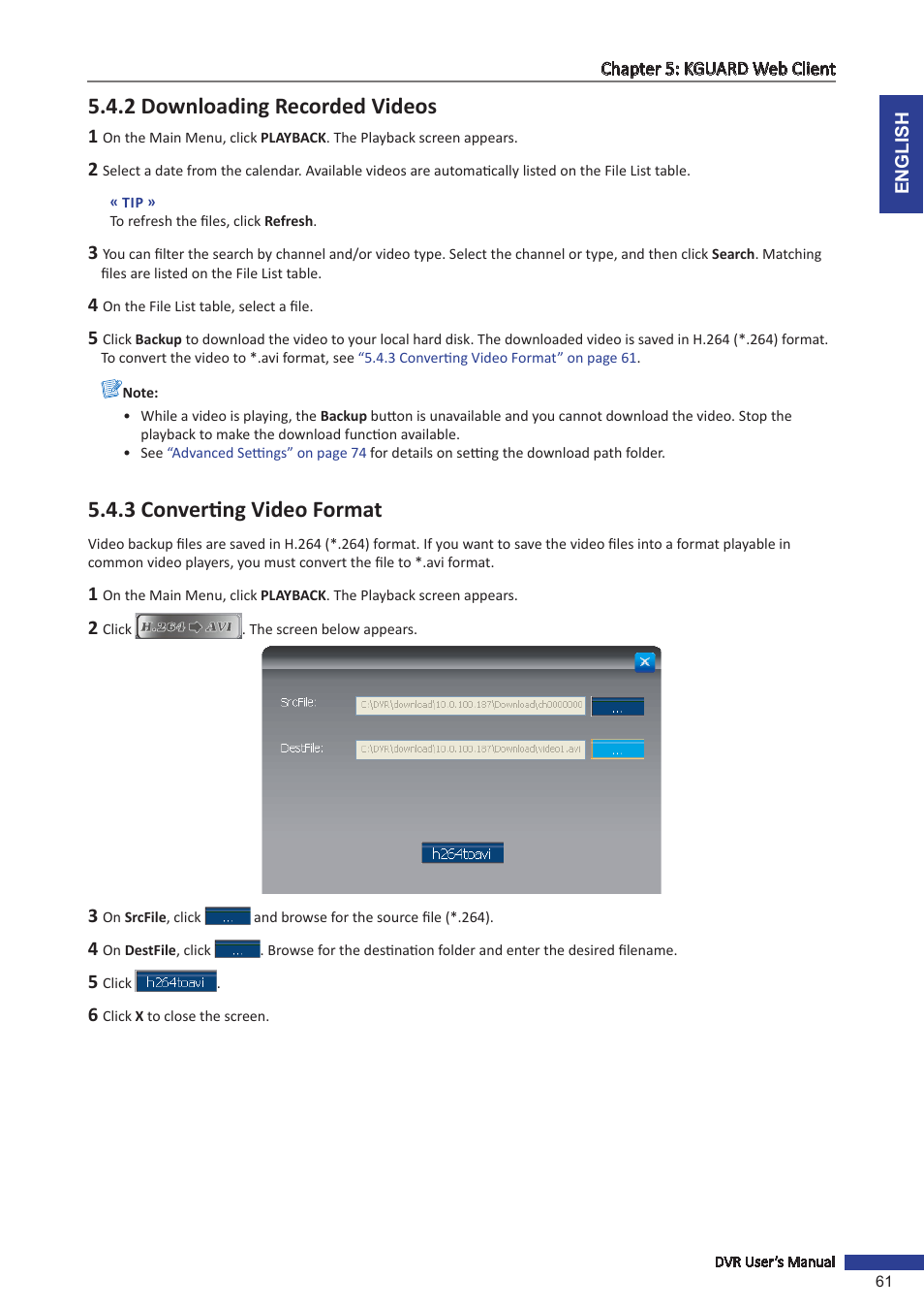 2 downloading recorded videos, 3 converting video format | KGUARD Security OT801 User Manual | Page 61 / 86