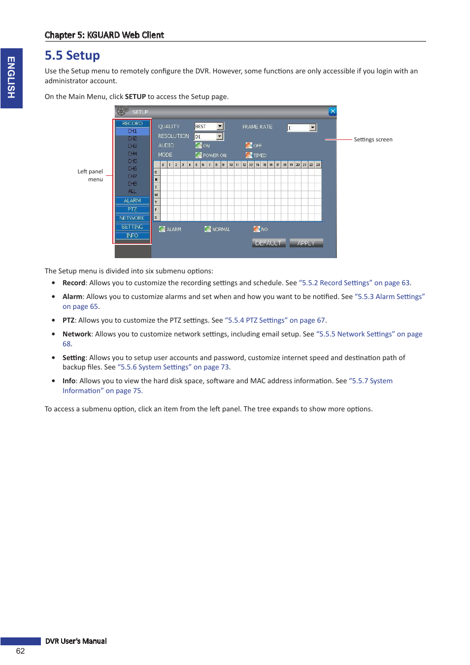 5 setup | KGUARD Security OT801 User Manual | Page 62 / 86