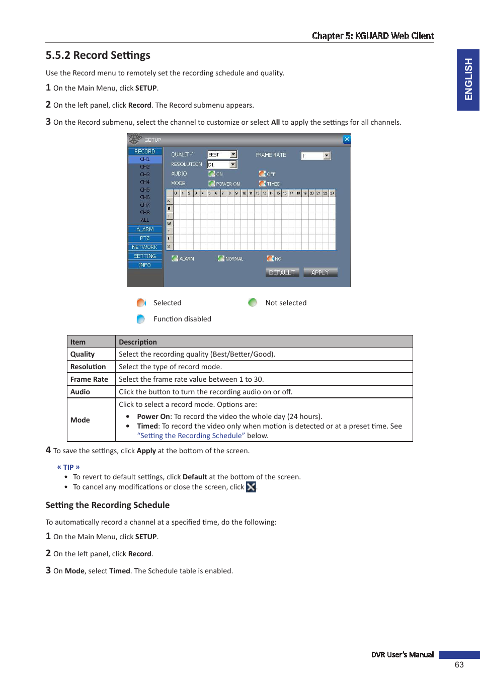 2 record settings, Setting the recording schedule | KGUARD Security OT801 User Manual | Page 63 / 86