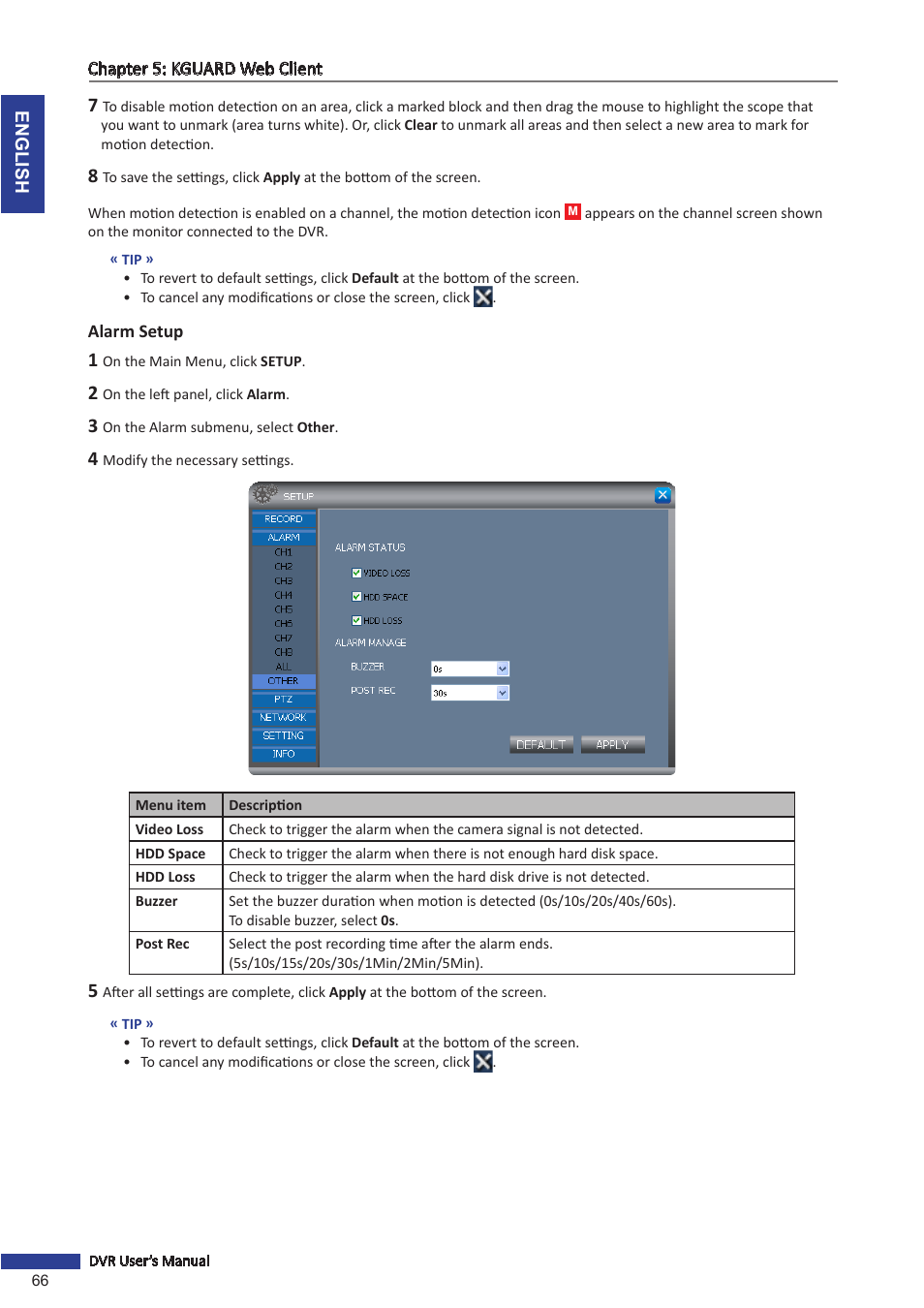 Alarm setup | KGUARD Security OT801 User Manual | Page 66 / 86
