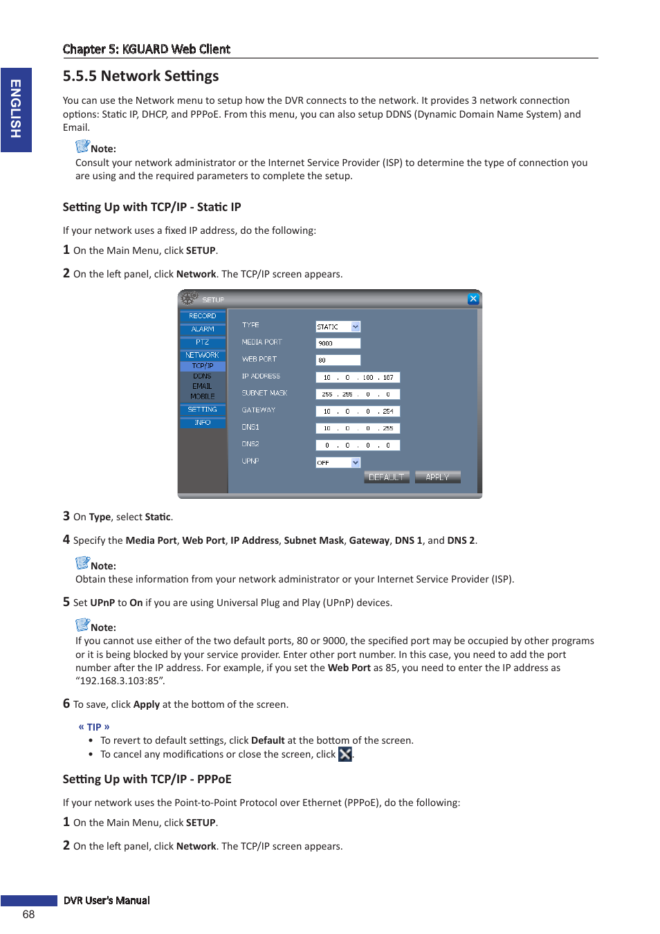 5 network settings, Setting up with tcp/ip - static ip, Setting up with tcp/ip - pppoe | Tup. see | KGUARD Security OT801 User Manual | Page 68 / 86