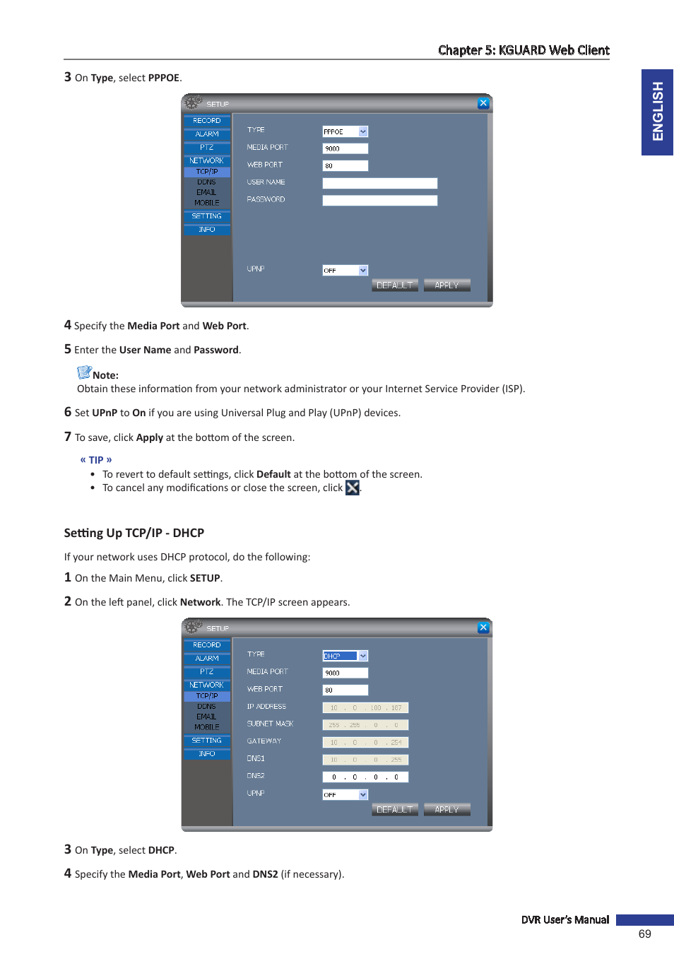 Setting up tcp/ip - dhcp | KGUARD Security OT801 User Manual | Page 69 / 86
