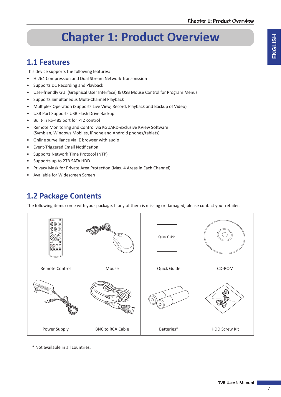 Chapter 1: product overview, 1 features, 2 package contents | 1 features 1.2 package contents, English chapter 1: product overview, Dvr user’s manual 7 | KGUARD Security OT801 User Manual | Page 7 / 86