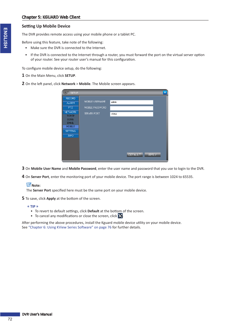 Setting up mobile device | KGUARD Security OT801 User Manual | Page 72 / 86