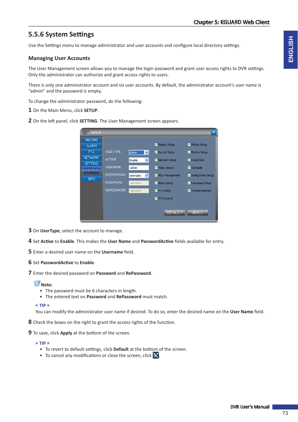 6 system settings, Managing user accounts | KGUARD Security OT801 User Manual | Page 73 / 86