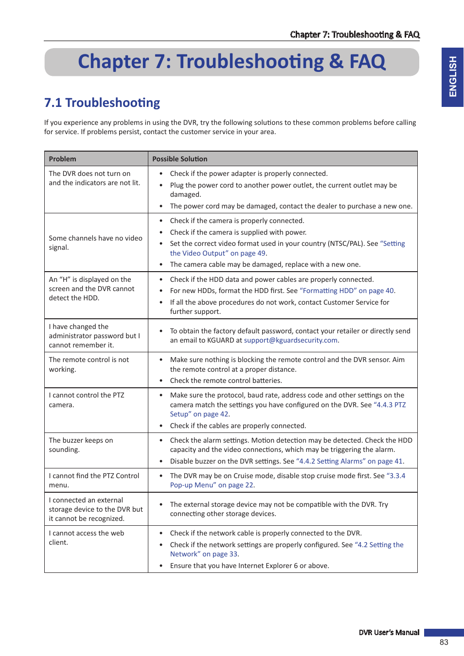 Chapter 7: troubleshooting & faq, 1 troubleshooting | KGUARD Security OT801 User Manual | Page 83 / 86