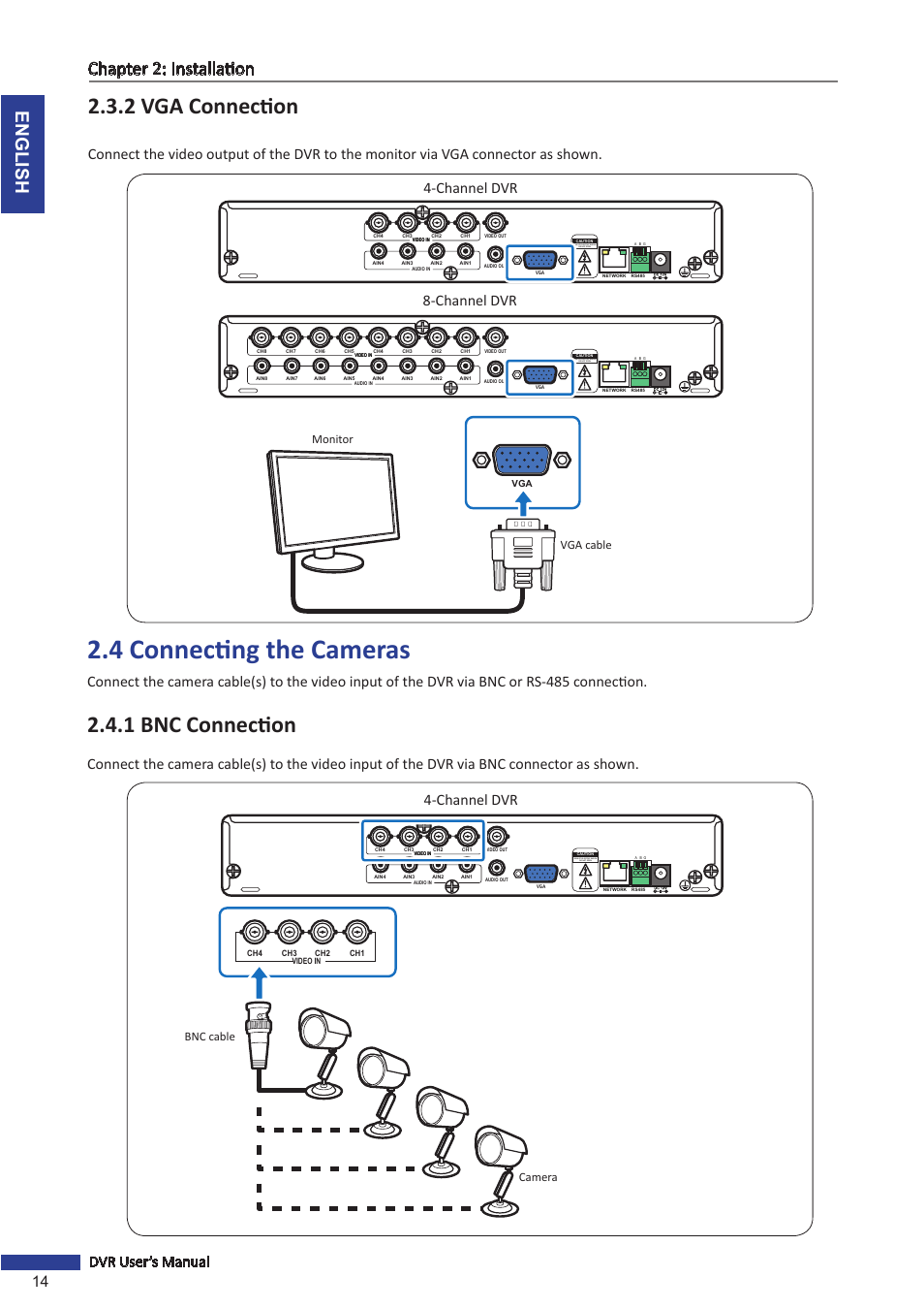 2 vga connection, 4 connecting the cameras, 1 bnc connection | English chapter 2: installation, 14 dvr user’s manual, Channel dvr 8-channel dvr, Channel dvr, Risk of electric shock do not open, Vga cable monitor, Bnc cable camera | KGUARD Security TC801 User Manual | Page 14 / 91