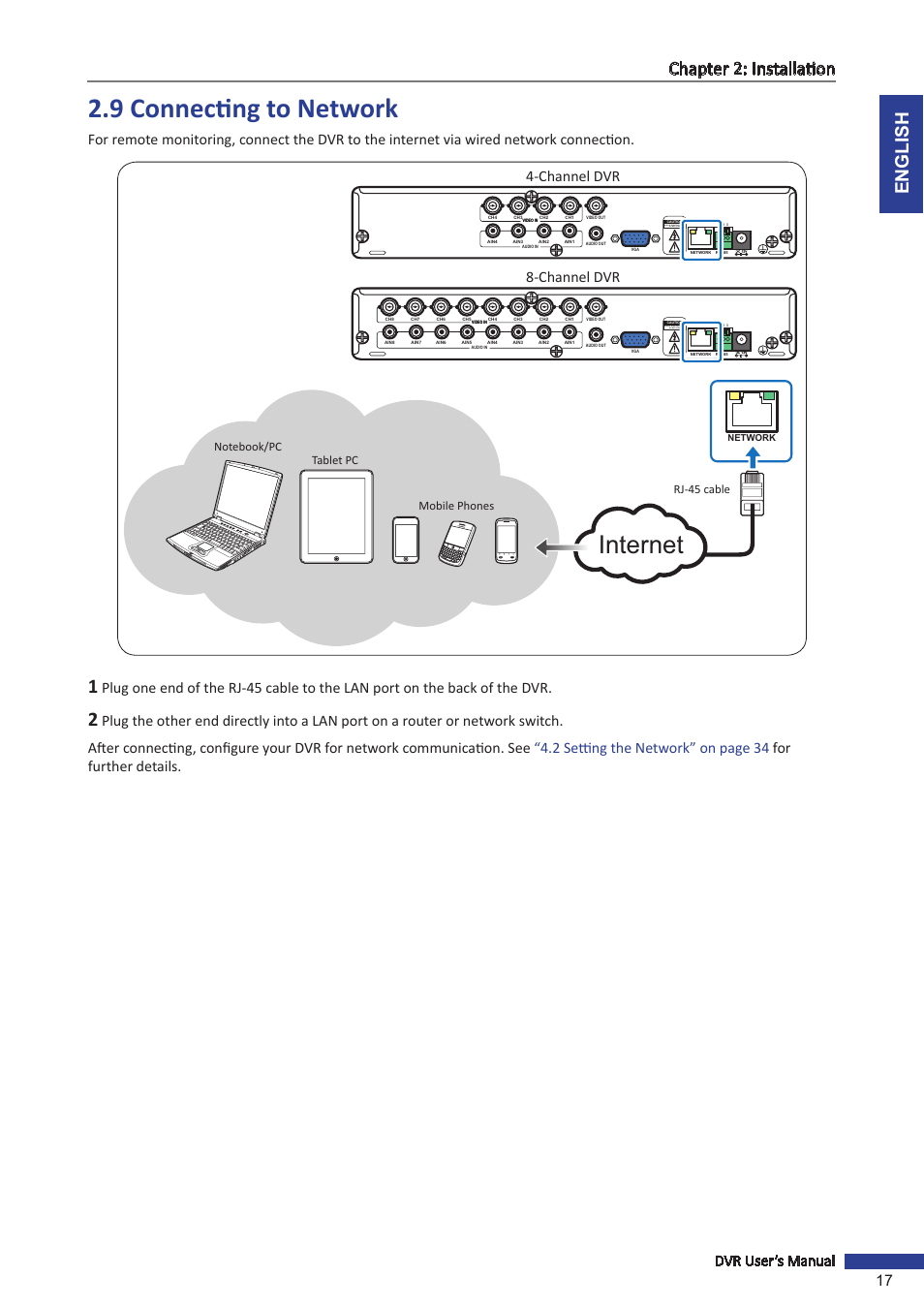 9 connecting to network, Internet, English chapter 2: installation | Dvr user’s manual 17, Channel dvr 4-channel dvr, Risk of electric shock do not open | KGUARD Security TC801 User Manual | Page 17 / 91