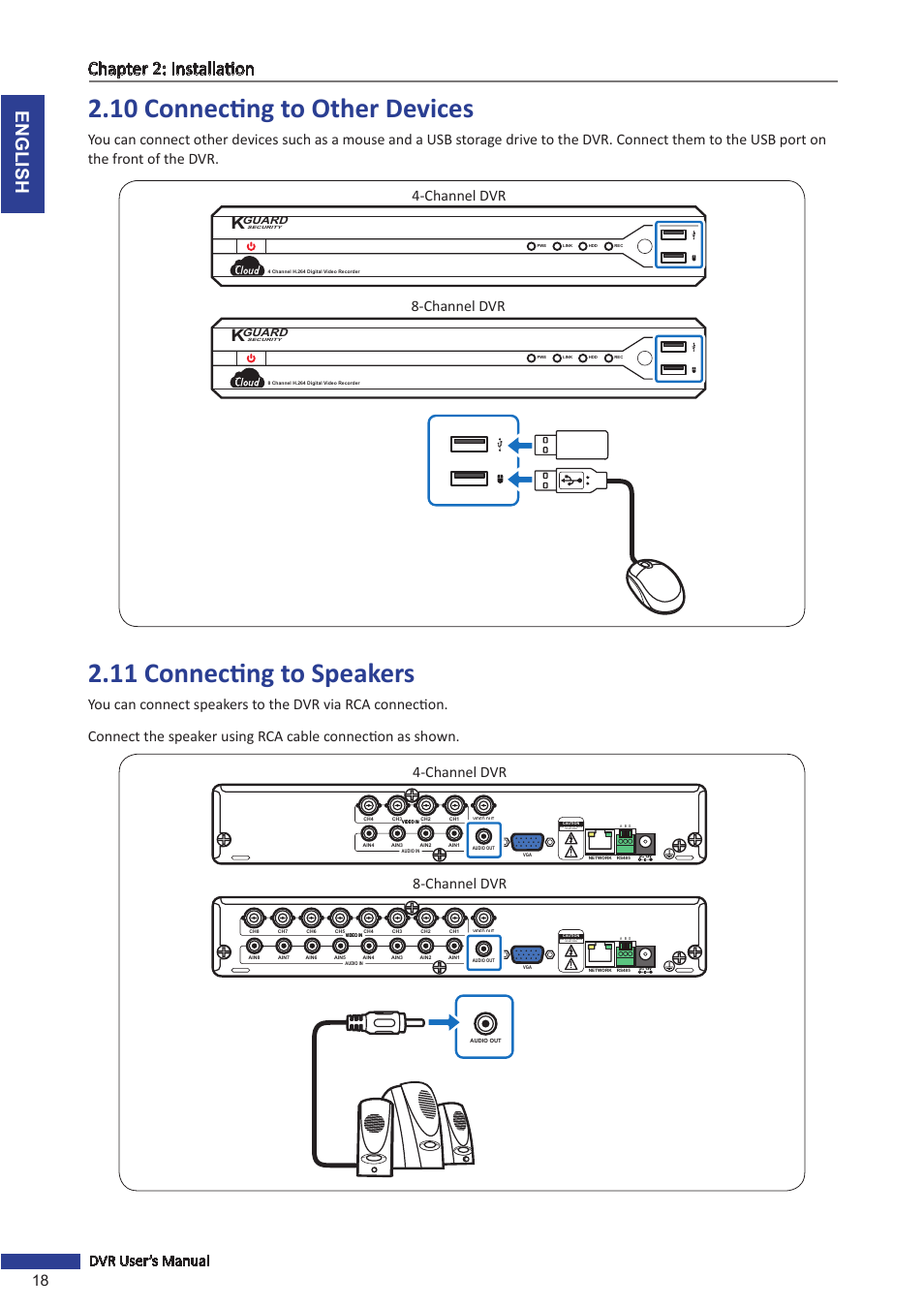 10 connecting to other devices, 11 connecting to speakers, English chapter 2: installation | 18 dvr user’s manual, Channel dvr 8-channel dvr, Risk of electric shock do not open | KGUARD Security TC801 User Manual | Page 18 / 91