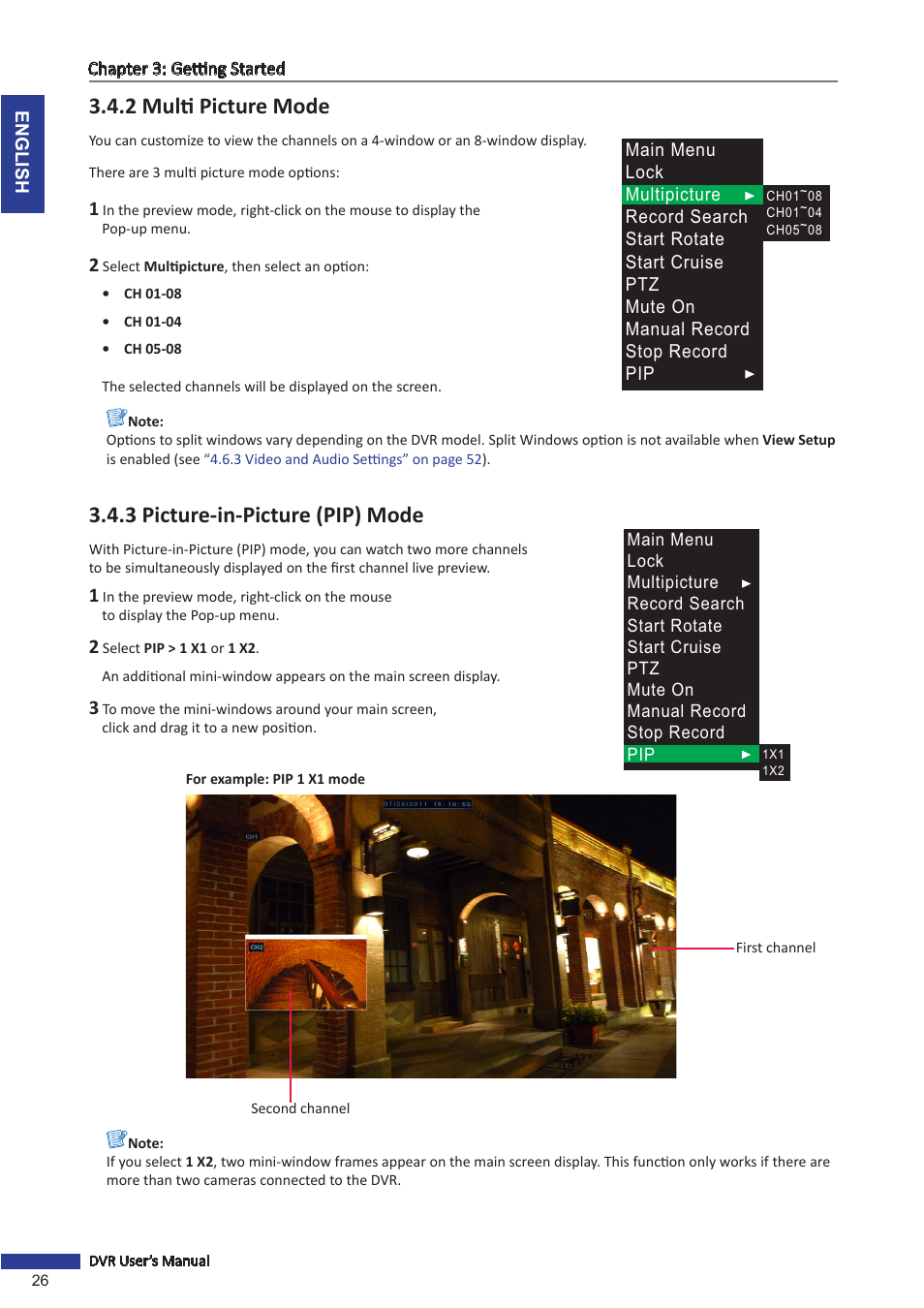 2 multi picture mode, 3 picture-in-picture (pip) mode | KGUARD Security TC801 User Manual | Page 26 / 91