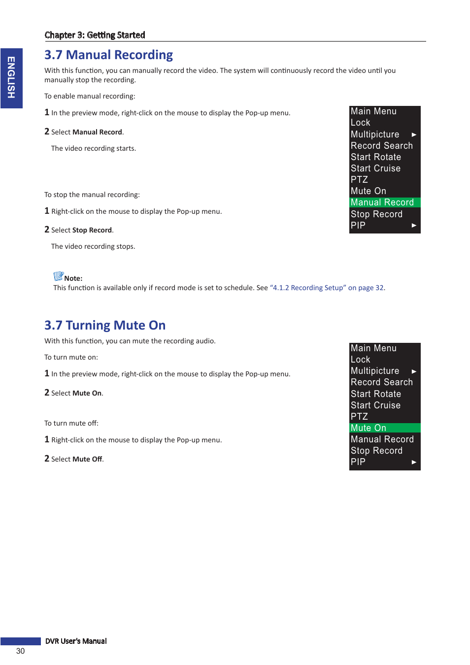 7 manual recording, 7 turning mute on, 7 manual recording 3.7 turning mute on | Ding. see | KGUARD Security TC801 User Manual | Page 30 / 91