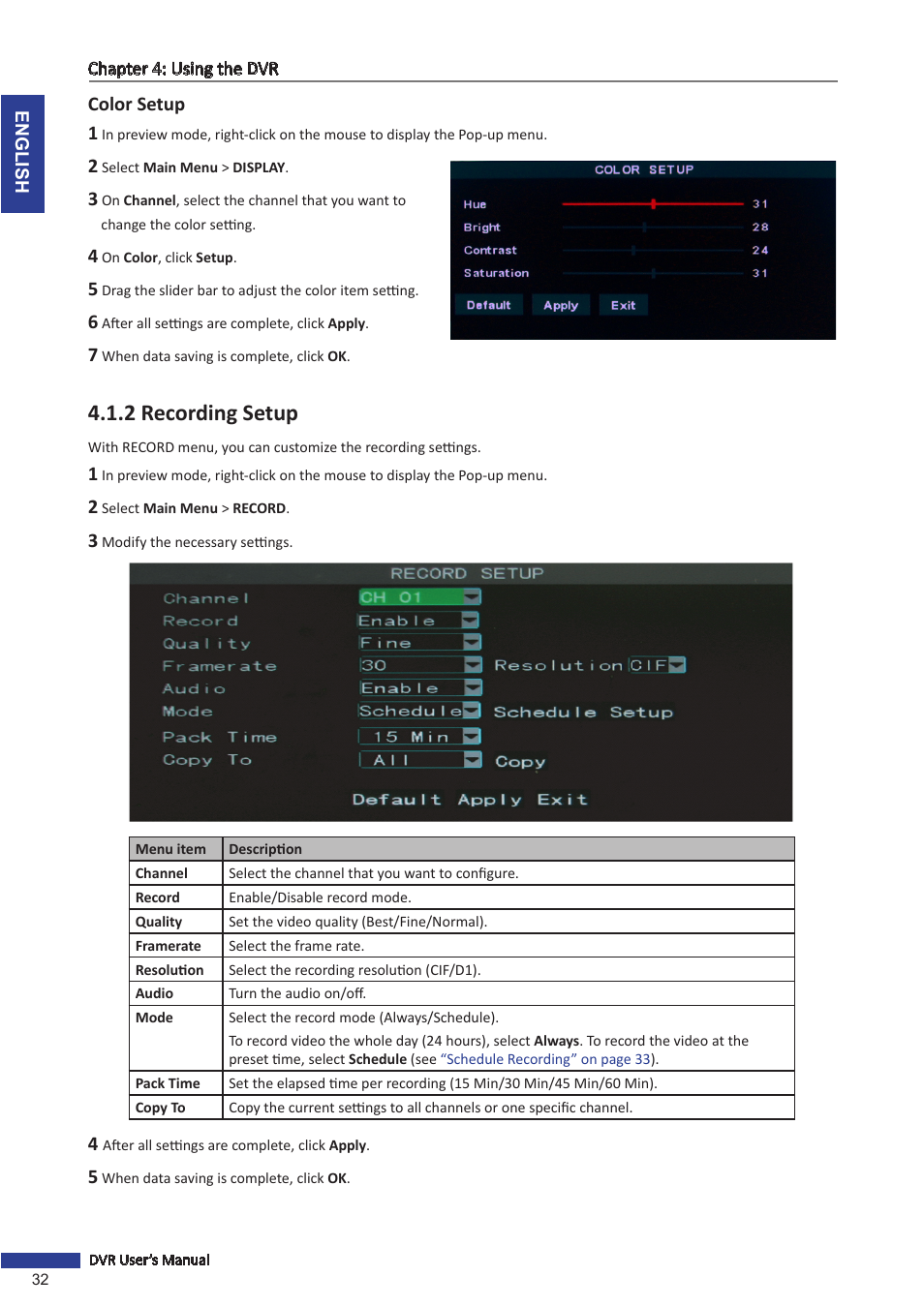 Color setup, 2 recording setup | KGUARD Security TC801 User Manual | Page 32 / 91