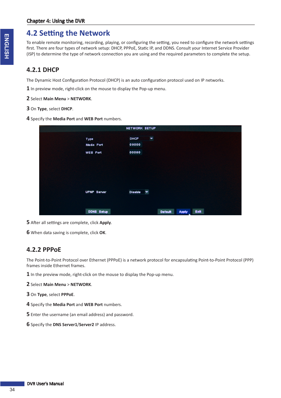 2 setting the network, 1 dhcp, 2 pppoe | 1 dhcp 4.2.2 pppoe | KGUARD Security TC801 User Manual | Page 34 / 91