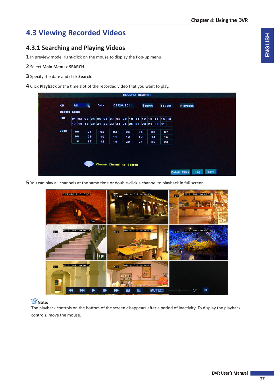 3 viewing recorded videos, 1 searching and playing videos, 1 searching and playing | KGUARD Security TC801 User Manual | Page 37 / 91