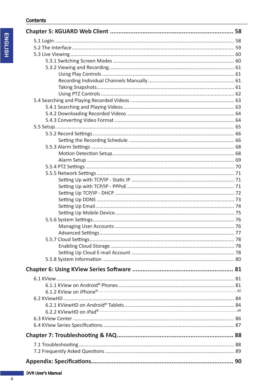 Chapter 5: kguard web client, Chapter 6: using kview series software, Chapter 7: troubleshooting & faq | Appendix: specifications | KGUARD Security TC801 User Manual | Page 4 / 91