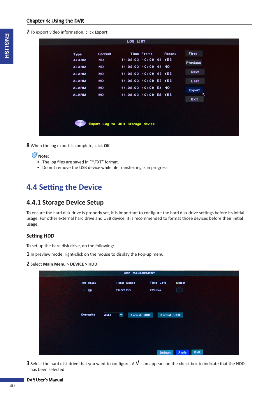 4 setting the device, 1 storage device setup, Setting hdd | KGUARD Security TC801 User Manual | Page 40 / 91