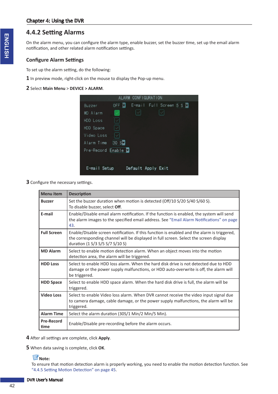 2 setting alarms, Configure alarm settings | KGUARD Security TC801 User Manual | Page 42 / 91