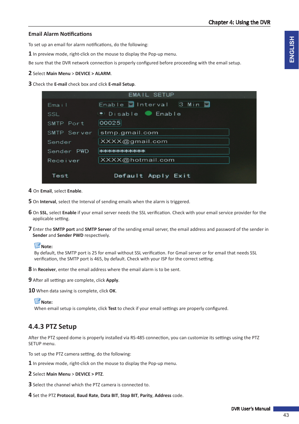 Email alarm notifications, 3 ptz setup, Ttings, see | KGUARD Security TC801 User Manual | Page 43 / 91