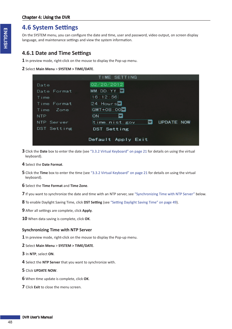 6 system settings, 1 date and time settings, Synchronizing time with ntp server | KGUARD Security TC801 User Manual | Page 48 / 91