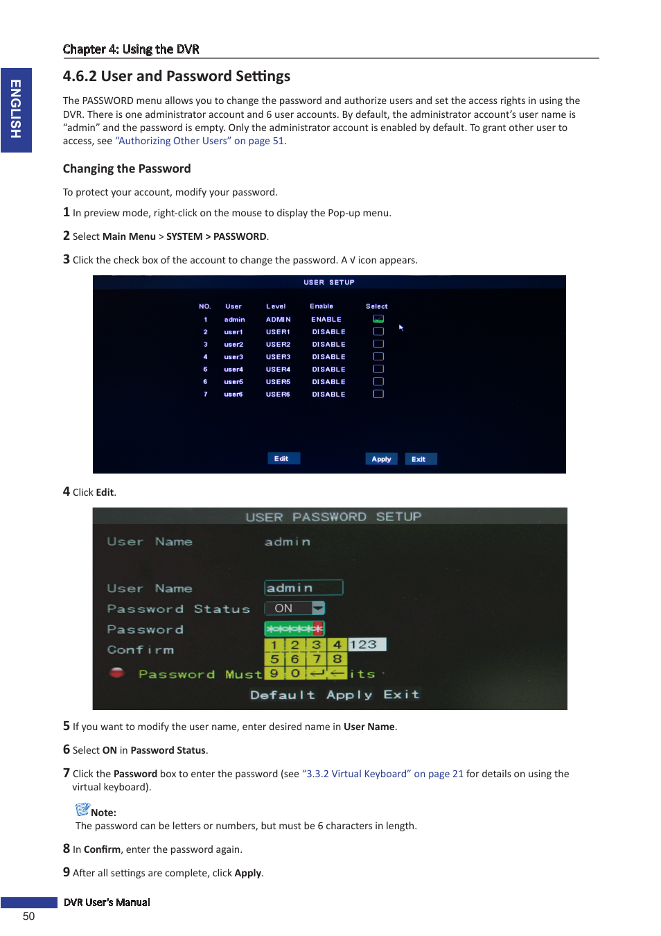 2 user and password settings, Changing the password | KGUARD Security TC801 User Manual | Page 50 / 91