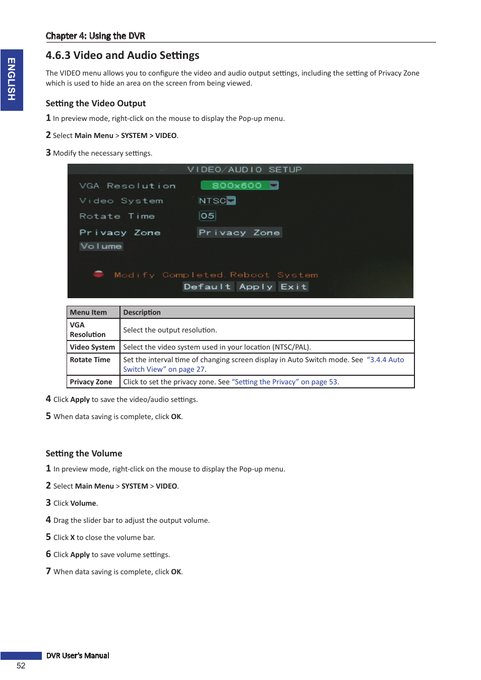 3 video and audio settings, Setting the video output, Setting the volume | Setting the video output setting the volume | KGUARD Security TC801 User Manual | Page 52 / 91