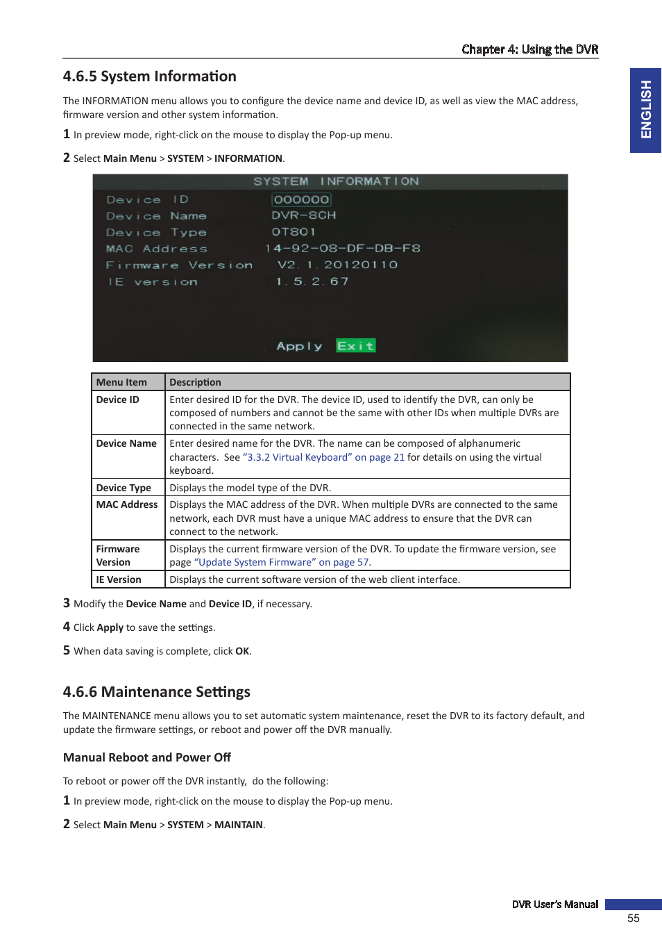 5 system information, 6 maintenance settings, Manual reboot and power off | 5 system information 4.6.6 maintenance settings | KGUARD Security TC801 User Manual | Page 55 / 91