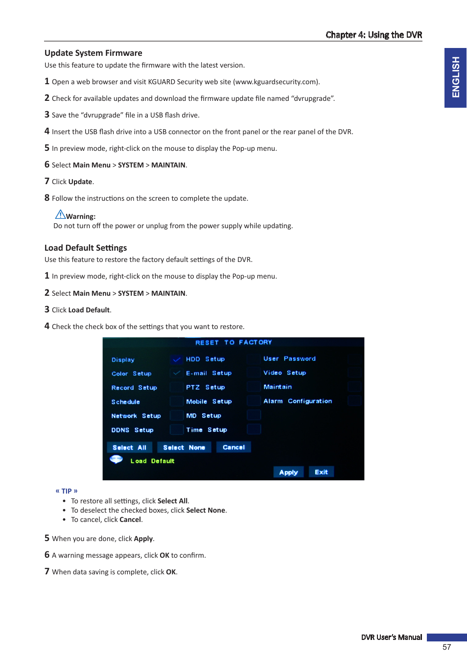 Update system firmware, Load default settings, Update system firmware load default settings | KGUARD Security TC801 User Manual | Page 57 / 91